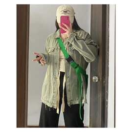 水洗做旧蓝色拉链翻领牛仔外套女秋季宽松夹克上衣韩版薄款