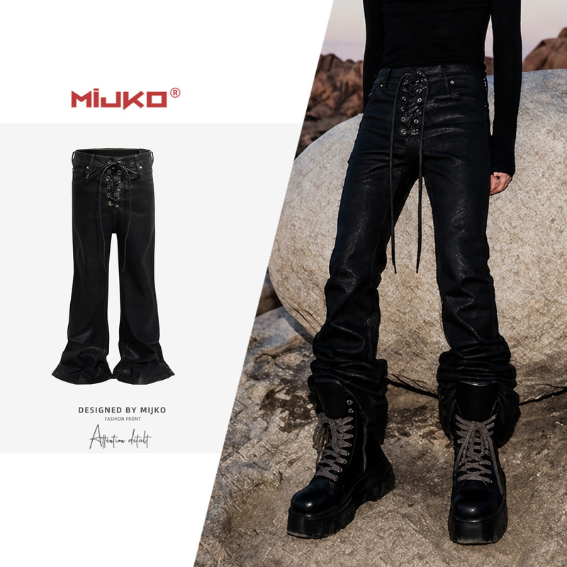 Mijko Men's and Women's Coated Stretch Flared Jeans with Drawstring Placket, Wide Legs, and Black Back Ribbon Long Pants Mijko Men's and Women's Coated Stretch Flared Jeans with Drawstring Placket, Wide Legs, and Black Back Ribbon Long Pants