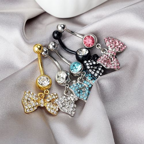 E-commerce Fashion Stainless Steel Bow Navel Piercing with Diamond-Encrusted Pendant Navel Ring – European & American Style Body Jewelry