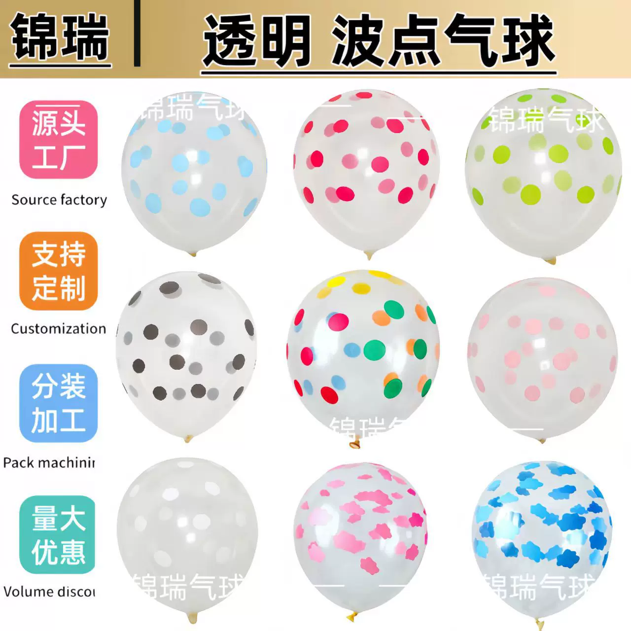 12寸彩色透明波点气球加厚乳胶批发儿童宝宝生日圆形布置彩点圆形