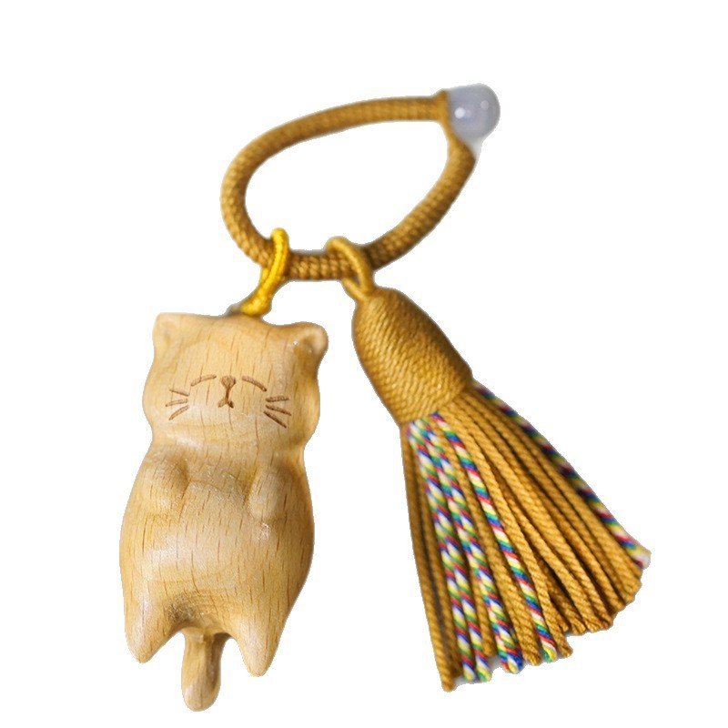 原木雕刻慵懒猫挂件榉木黄金檀血柏木雕刻招财猫diy流苏钥匙扣|undefined