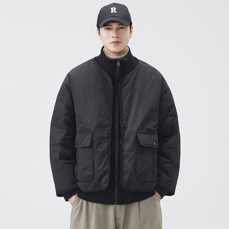 Falso de dos piezas de punto de cuello vertical chaqueta de plumón hombre invierno suelto abrigo de trabajo caliente chaqueta de moda de hombre image 3
