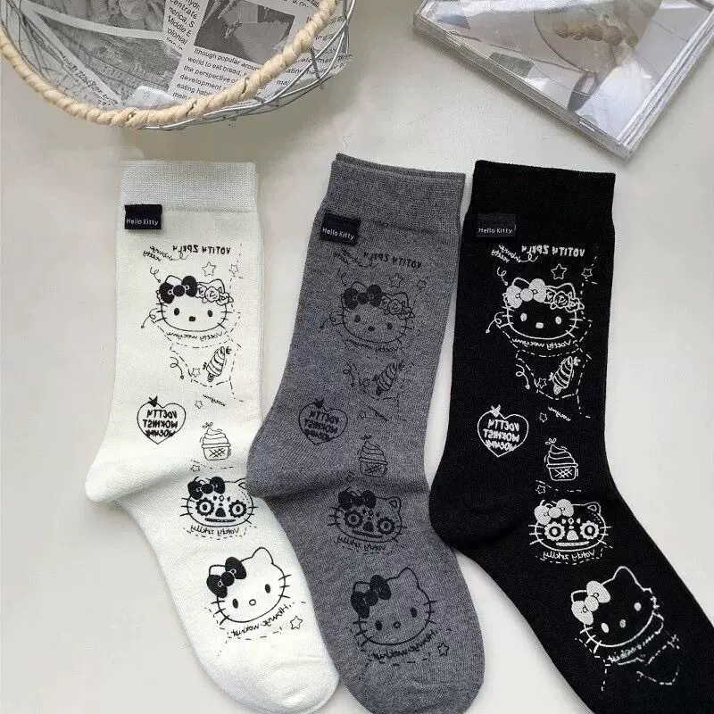 Cute and Sweet Cartoon Graffiti Hello Kitty Mid-Calf Socks for Women, Japanese Style Versatile Trendy Cotton Socks, Cross-Border Dropshipping