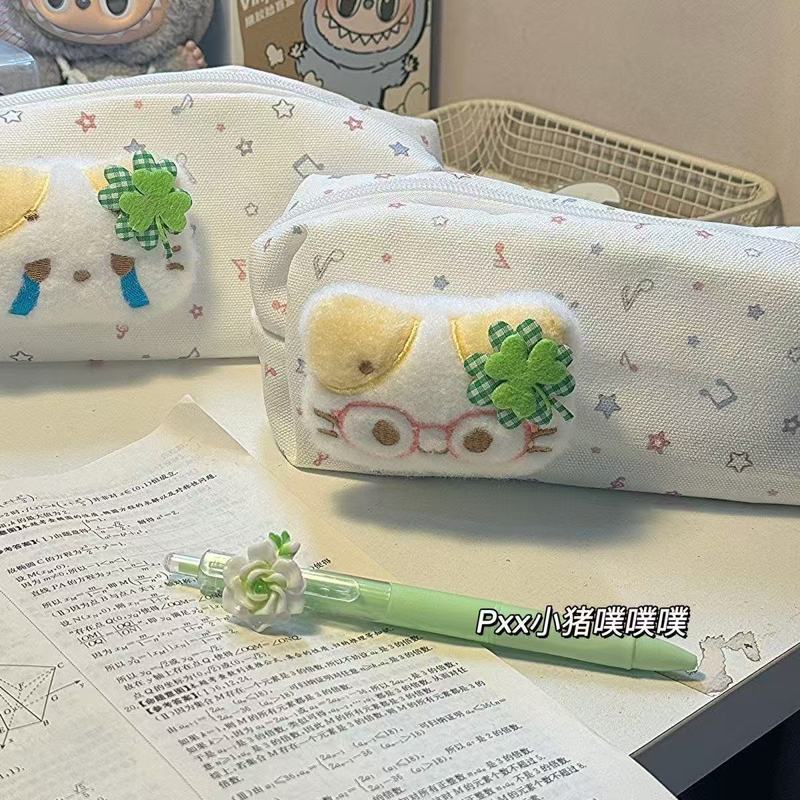 四叶草猫咪高颜值笔袋可爱幸运音符ins大容量桌面学生文具收纳袋|undefined