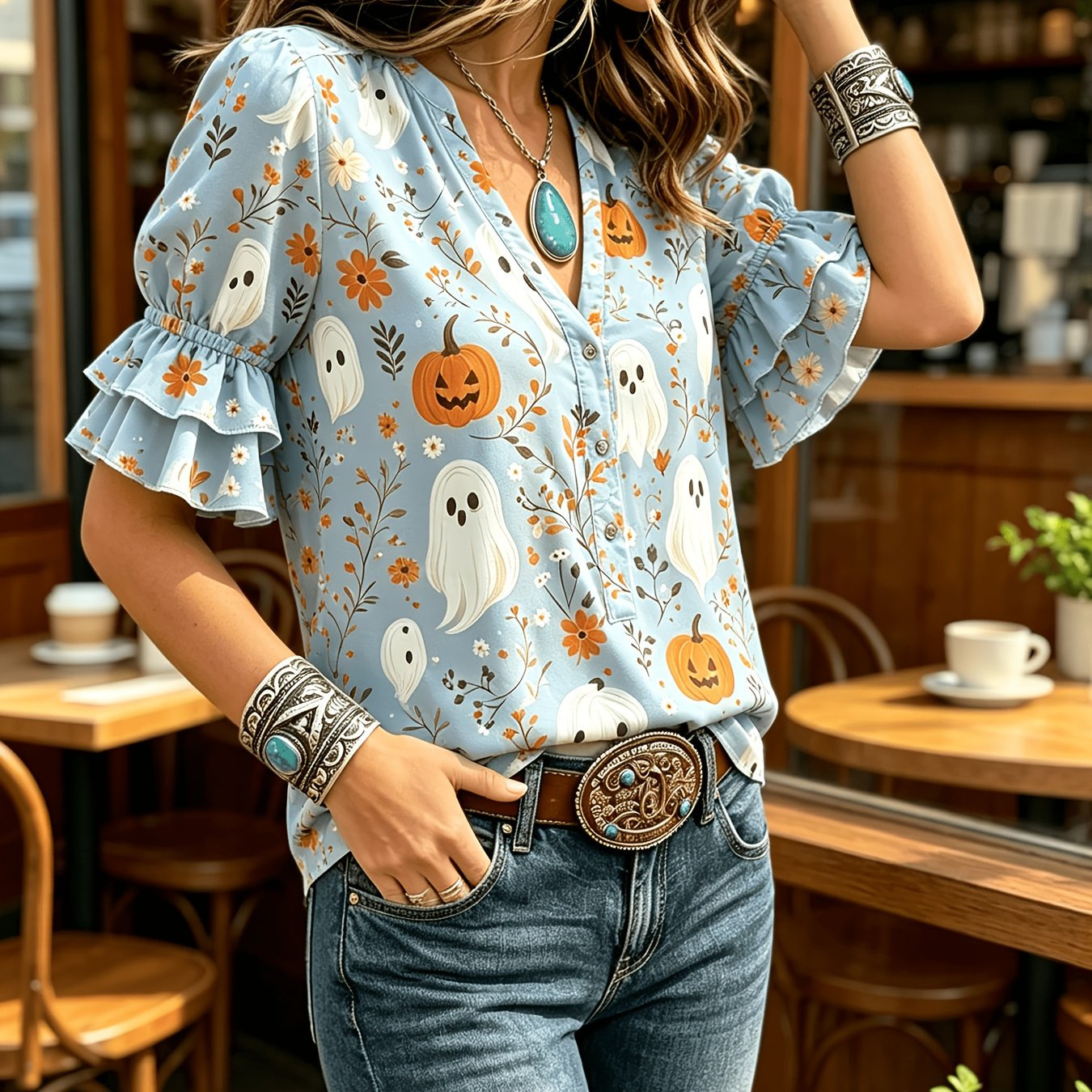 Transfronterizo exclusivo para camisas de impresión vintage mujeres sueltas de cuello en V de manga corta chaqueta bohemiana Europa y América nuevo transfronterizo image 28