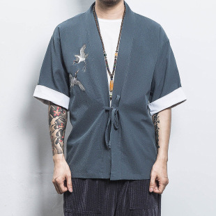 Chinese Style Summer Men's Cotton Linen Hanfu Crane Embroidered Cardigan Japanese Style Large Size Retro Fashionable Robe Jacket for Men