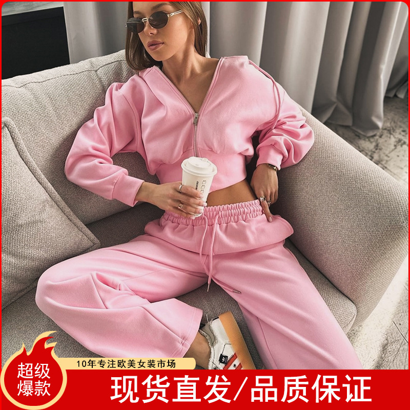 European and American Amazon Casual Women's Suit Solid Color Long-Sleeved Zipper Hooded Sweatshirt Sports Lace-Up Pants Two-Piece Set for Women