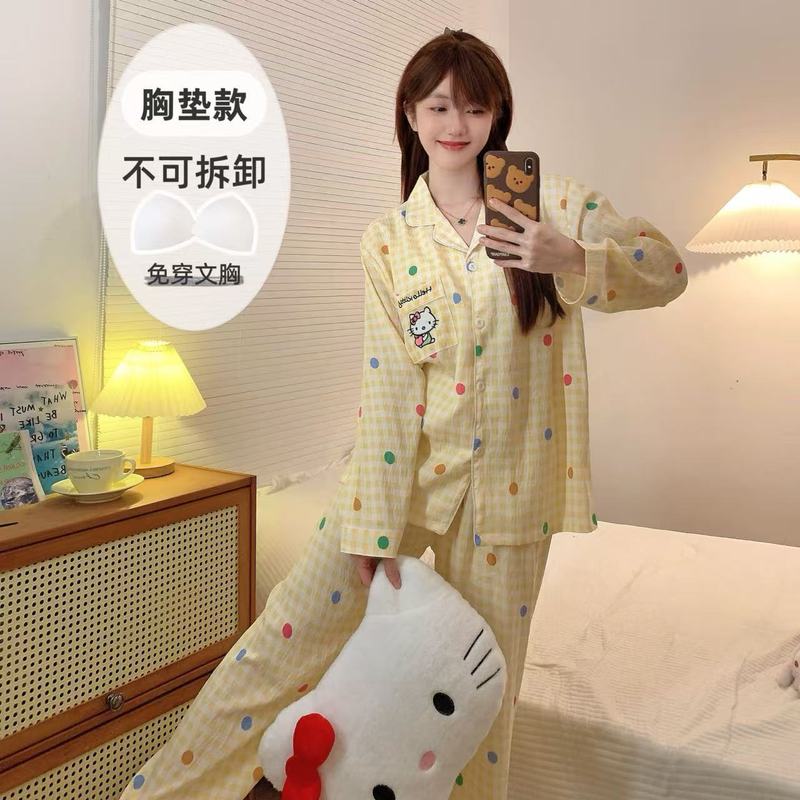 云朵棉睡衣女款春秋季带胸垫可爱卡通波点长袖套装网红家居服套装|undefined