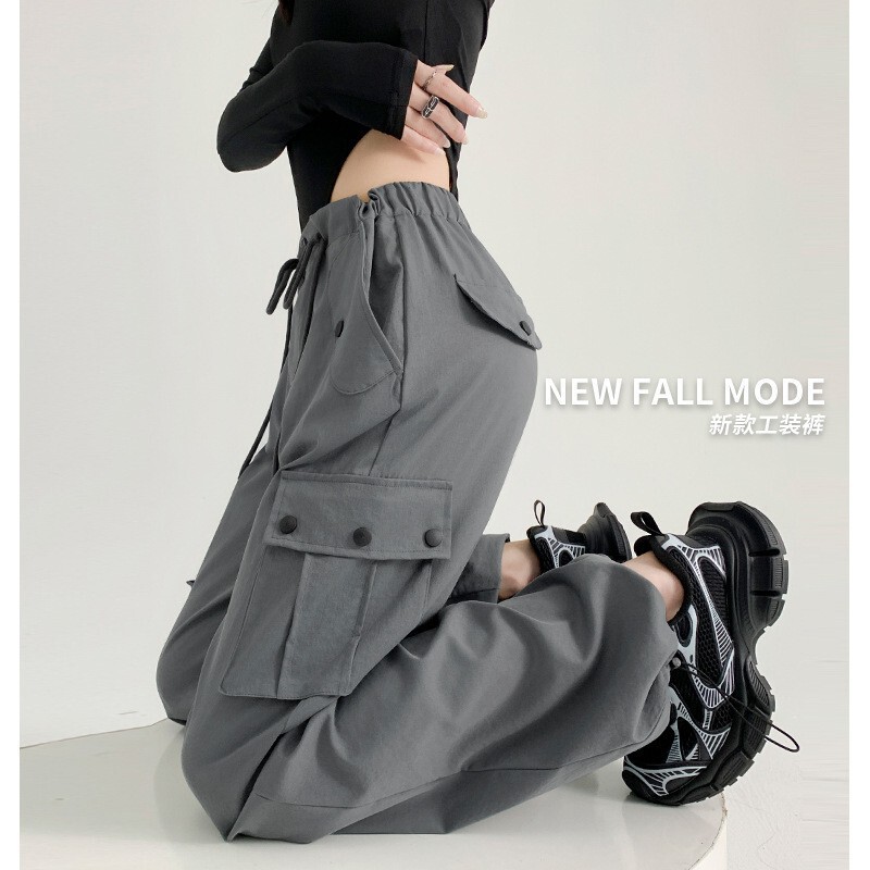 American overalls women's pants Spring and Autumn New slimming hot girl straight sweatpants casual high waist wide leg pants