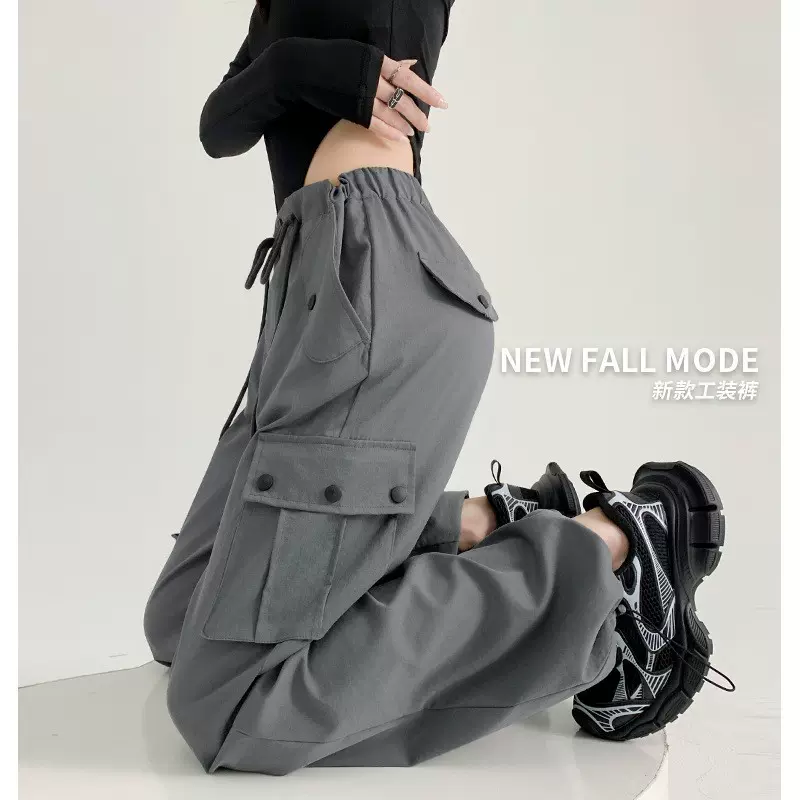 美式工装裤女装裤子女春秋新款显瘦辣妹直筒卫裤休闲高腰阔腿裤