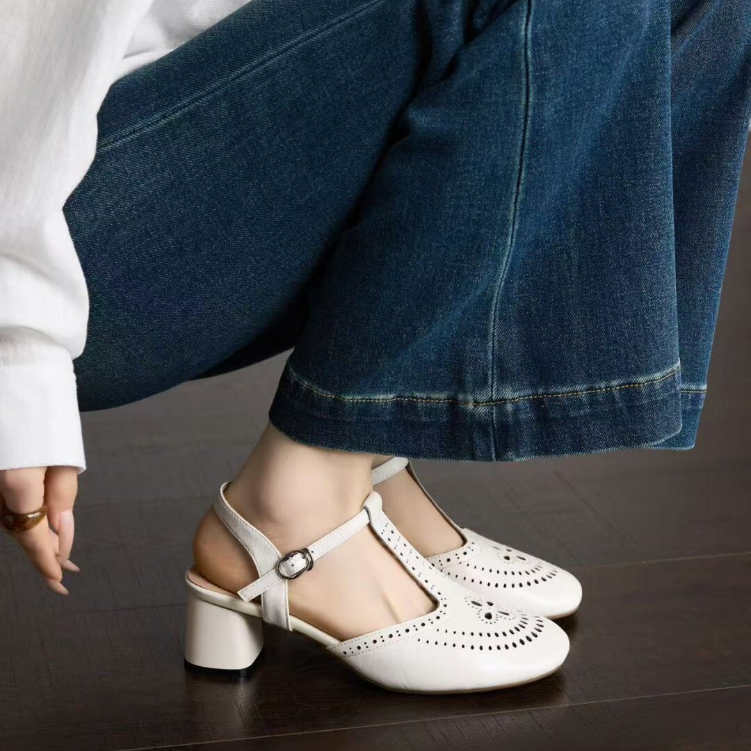Giày Mary Jane nữ da thật mũi tròn quai ngang gót vuông 5 cm đế mềm — Da bò màu vàng chi tiết 6