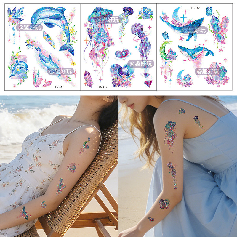 Painted Ocean Whale Animal Glitter Tattoo Stickers for Women New Cartoon Cute Children's Waterproof Temporary Tattoo Stickers