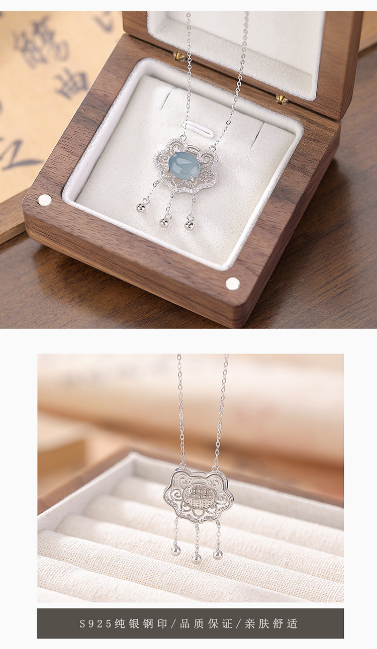 Mặt dây chuyền bạc S925 hình Ruyi rỗng đính đá ngọc lam và zircon tua rua — Bộ xích (bao gồm cả xích) chi tiết 4