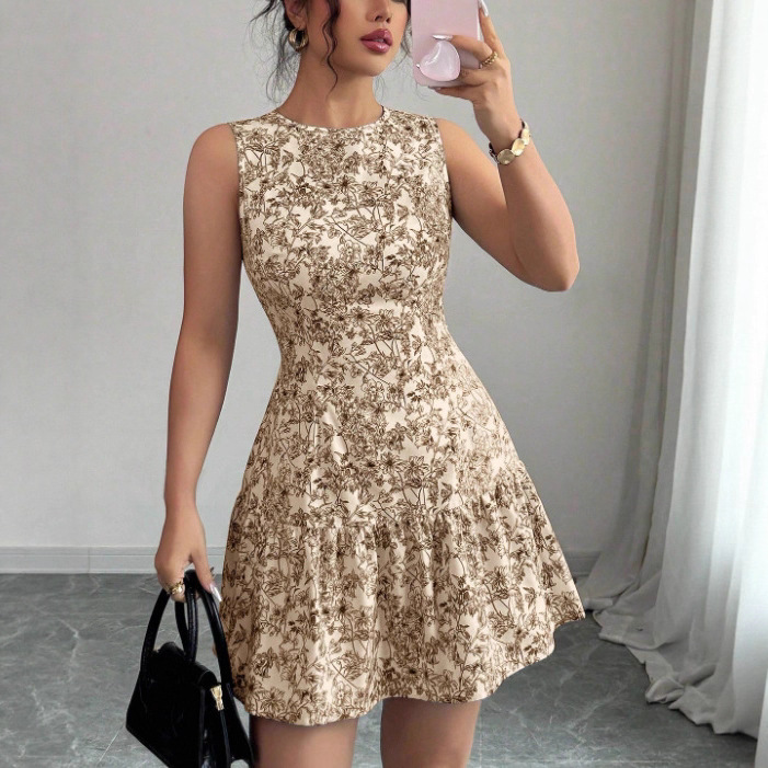 Cross-Border Bohemian Style French Elegant Floral Print Sleeveless Belted Mini Dress