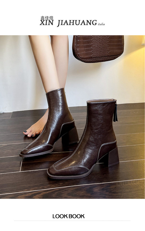 Bốt nữ cổ thấp mũi vuông gót thô 6 cm phong cách Anh, khóa kéo bên — Màu nâu đỏ, Màu nâu đỏ lót nhung, Màu đen, Màu đen lót nhung chi tiết 2