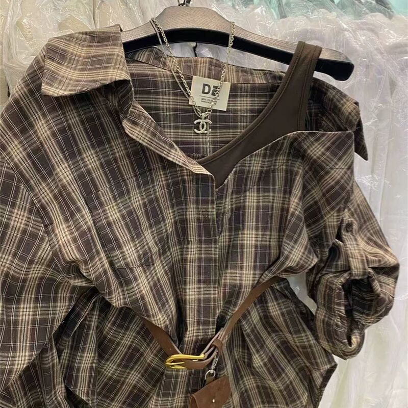 Autumn Korean Original Design Cotton Loose Plaid Fake Two-Piece Shirt Shipped Every Day