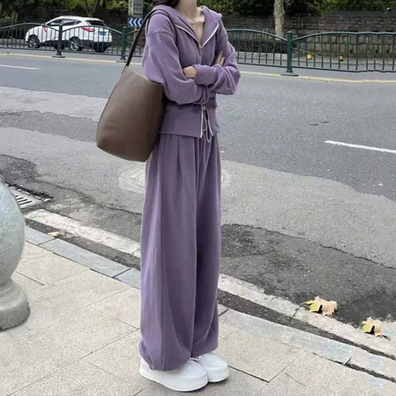 盐系休闲运动服套装女春秋港风复古宽松显瘦连帽卫衣时尚两件套潮