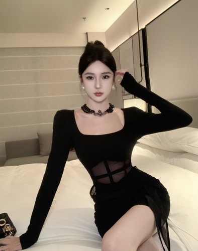 Spring clothes pure desire spicy girl sense black dress female collar slimming see-through mesh netting belly cover sexy skirt 
