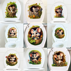 新款兔子松鼠老鼠3D破洞樹樁自粘馬桶浴室 牆貼畫裝飾壁畫KSY-210