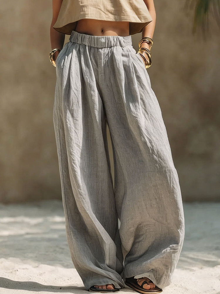 Women's Linen-Like Wide-Leg Pants With Elastic Waist - Comfortable Casual Pull-On Trousers For Summer_ecoleips.com