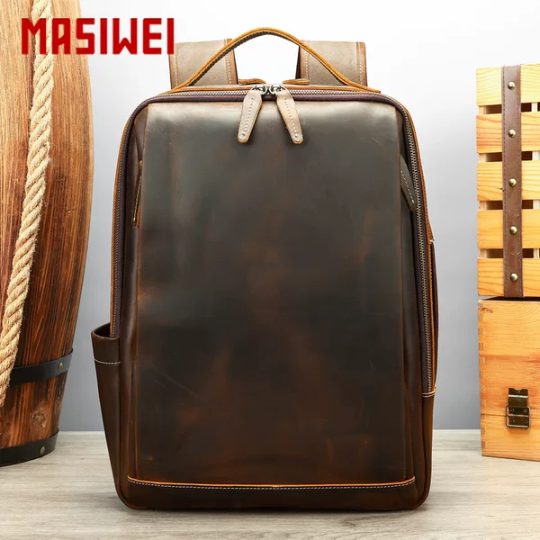 Crazy Horse Leather Backpack Three-compartment Expandable Retro Men's Leather Multi-functional Travel Backpack 16-inch Briefcase