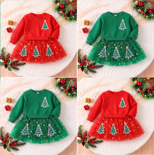 2026 new Christmas dress sweatshirt style princess skirt mesh skirt gold star glitter