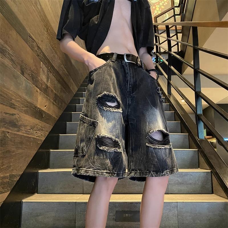 Men's trendy ripped denim shorts, summer loose high street American style, multi-pocket five-point shorts