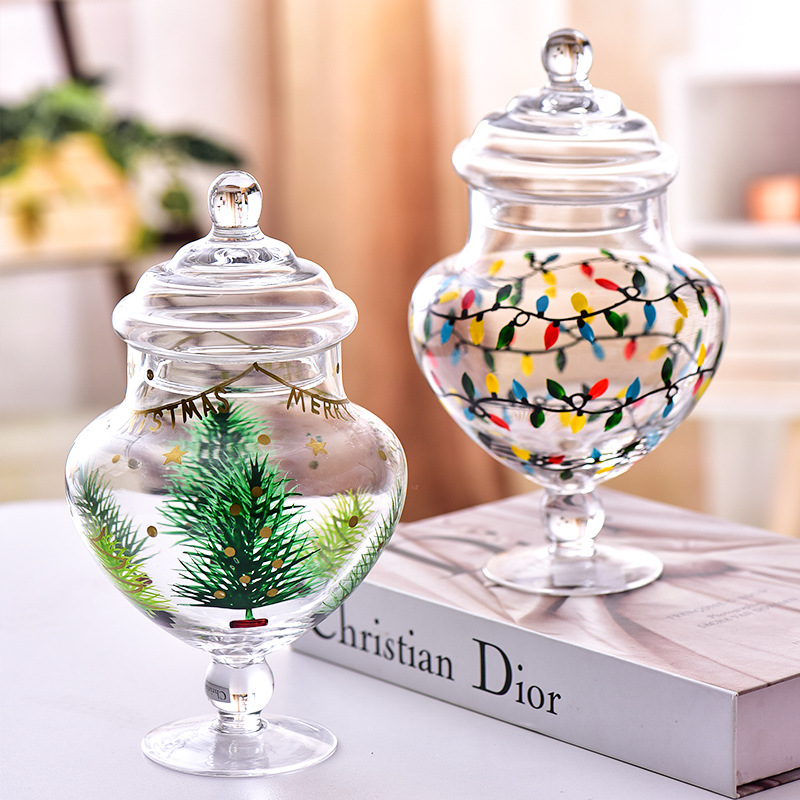 Piés altos transparentes pintados a mano serie de Navidad con tapa frasco de vidrio pintado a mano decoración de Navidad solitaria