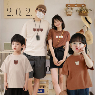 Parent-child 2024 summer new family of three western style short sleeve T-shirt bear boys and girls climbing clothes