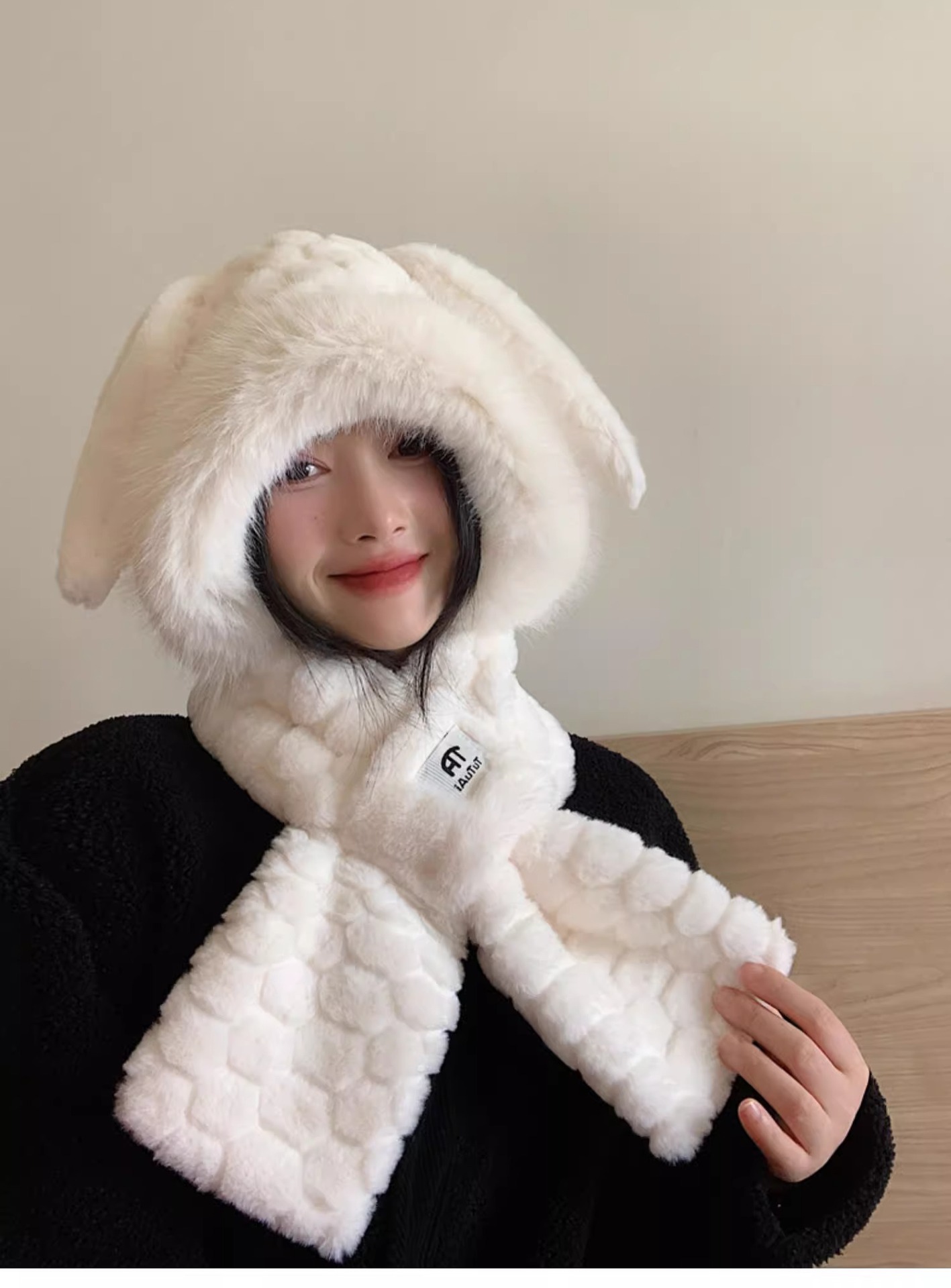 Cute Bunny Scarf Combo For Women Winter Korean Style Face Slimming Fleece Lined Thickened Plush Ear Protection Lei Feng_voghion.com