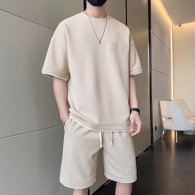 Summer Hot-Selling Men's Waffle Short-Sleeve Shorts Set, Loose Casual Sports Trendy Hong Kong Style Fake Two-Piece Set Summer Hot-Selling Men's Waffle Short-Sleeve Shorts Set, Loose Casual Sports Trendy Hong Kong Style Fake Two-Piece Set