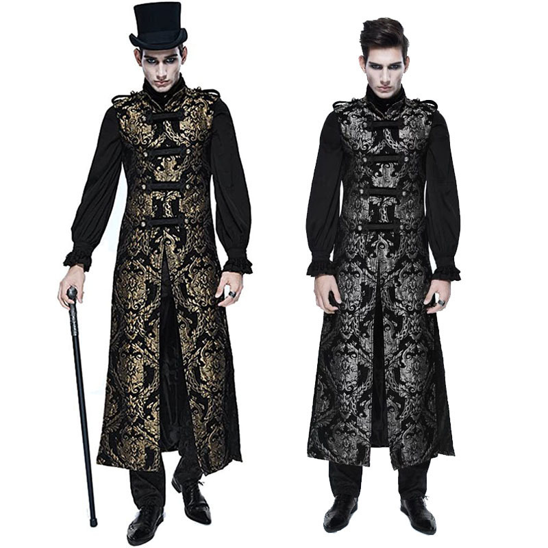 New Amazon Steampunk Gothic Men's Long Vest Medieval Jacket Jacquard Vest Halloween Dress