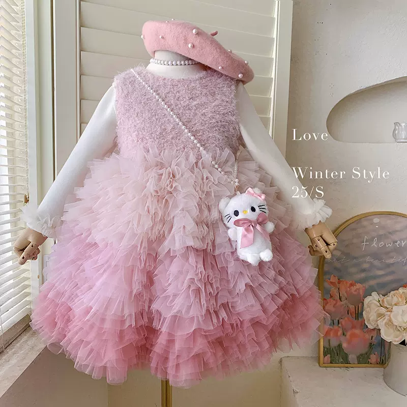 女童连衣裙套装冬款2025加绒打底无袖加绒蛋糕连衣裙两件套