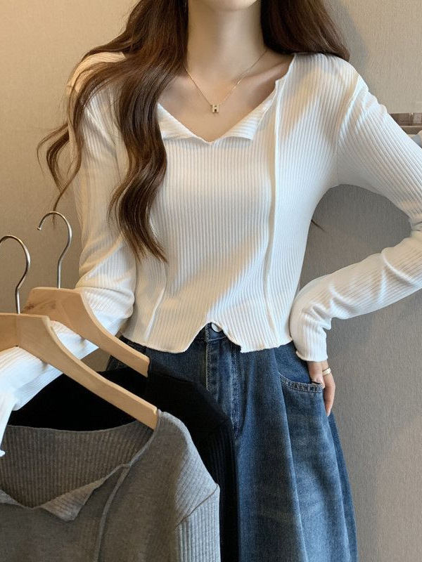 法式露锁骨V领内搭长袖t恤女秋季设计感独特别致小个子短款上衣服|undefined