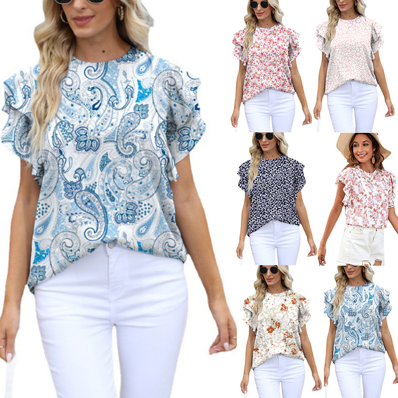 Women's Clothing Round Neck Printed Ruffled Short Sleeve Chiffon Shirt Fragmented Pullover T-shirt_voghion.com