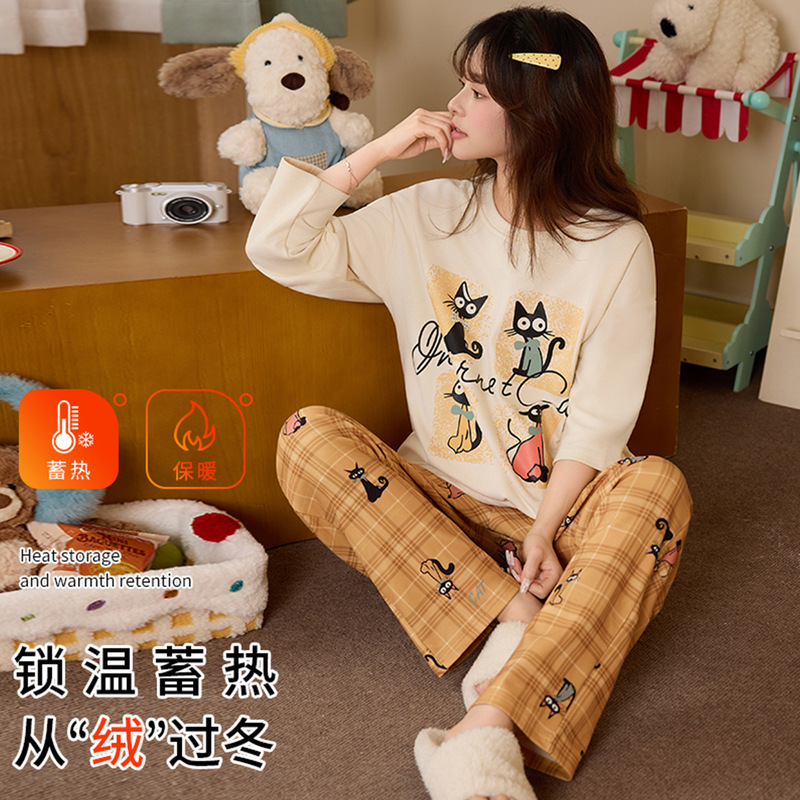 Pajamas for Women in Autumn and Winter, Silk Wool and German Velvet Thickened Long-Sleeved Round-Neck Pullover Cartoon Thermal Storage and Warm Home Wear
