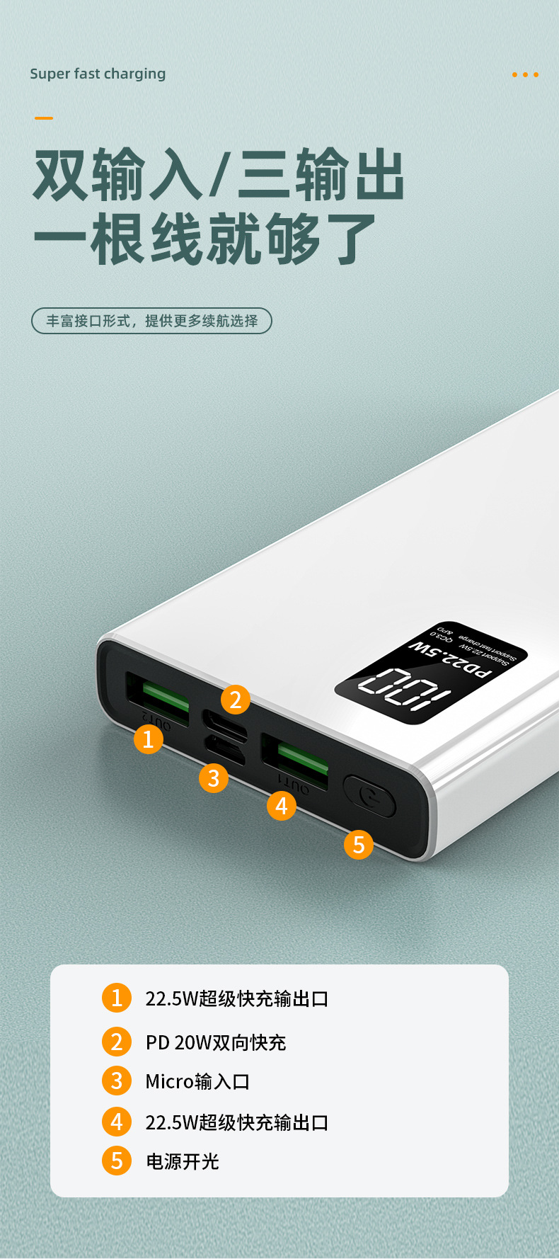 3C Certified Super Fast Charging 20000mAh Power Bank Large Capacity Bidirectional Fast Charging Digital Display Mobile Power Supply