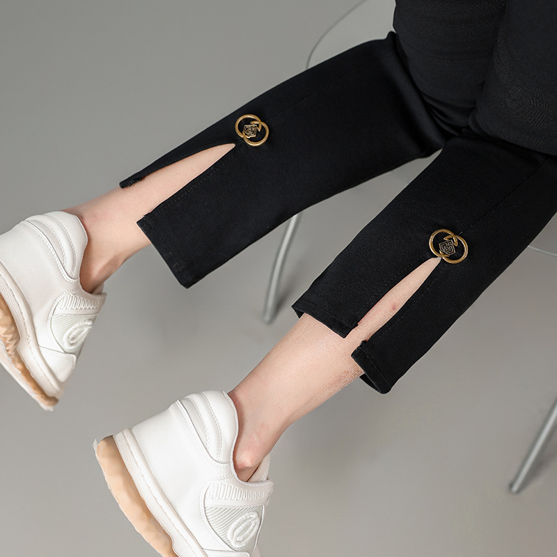 Black Straight Imitation Denim Leggings Women's Summer Thin Elastoelastic Pants Outer Wear High Waist Split Casual Pants