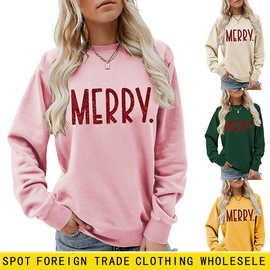 亚马逊wish独立站欧码外贸舒适女士merry红色亮片圆领长袖衫卫衣