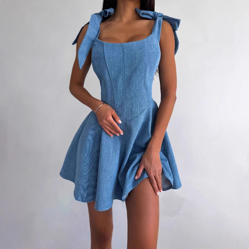 Cross-Border 2026 Spring European and American Fashion Spicy Girl Square-Neck Lace-Up Corset Waist Dress Street Style Denim Dress