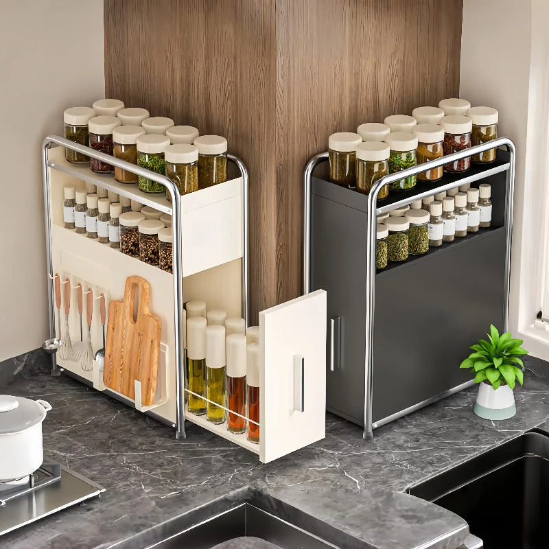 Cross-Border Supply of Multi-Functional Narrow-Edge Pull-Out Spice Counter Top Multi-Layer Storage Rack Msg Salt Shaker Spice Storage