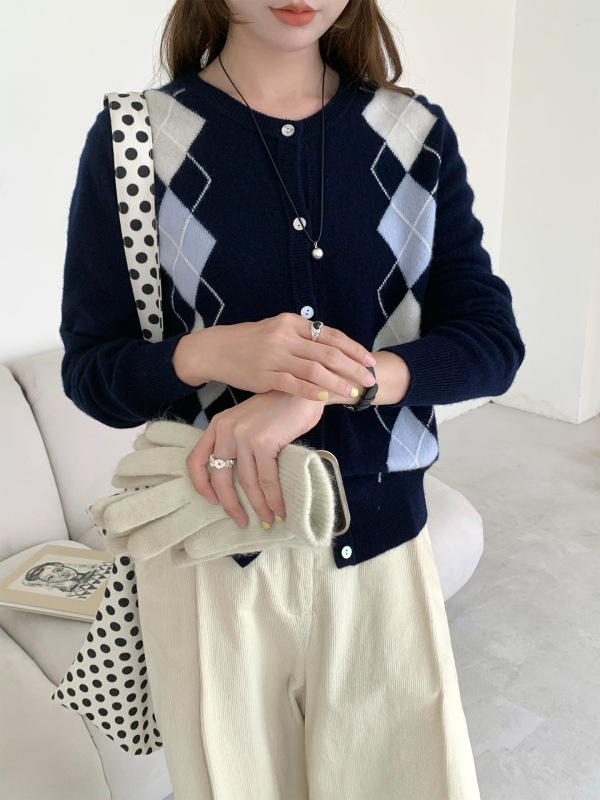 学院风风100羊毛开衫女圆领简约休闲针织外套宽松长袖百搭毛衣女|undefined