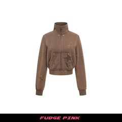 Fudge Pink 25秋季New美式辣妹个性散边设计撞钉装饰YKK卫衣开衫