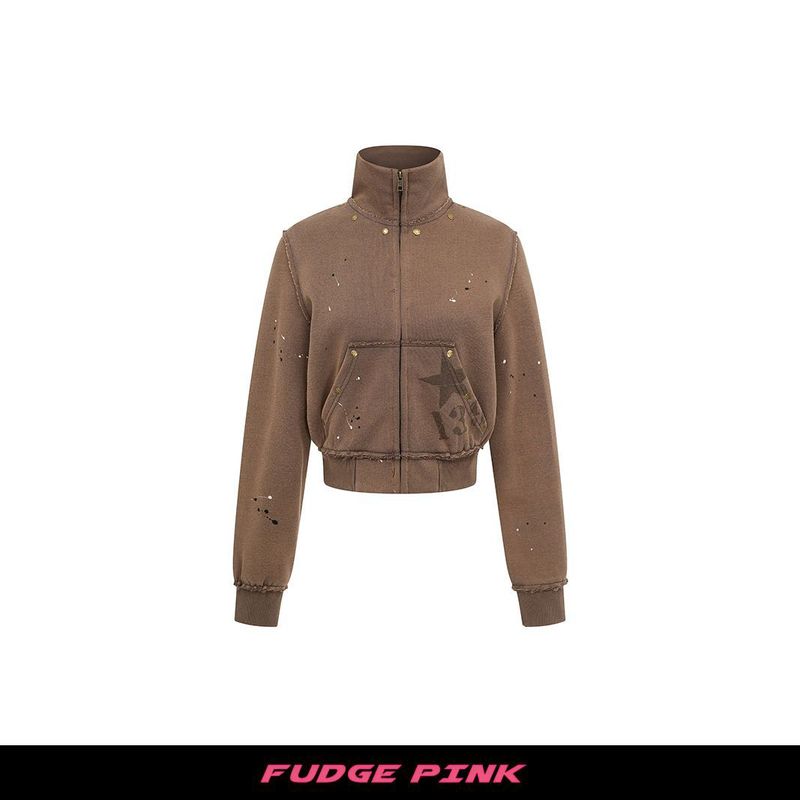 Fudge Pink 25秋季New美式辣妹个性散边设计撞钉装饰YKK卫衣开衫|undefined
