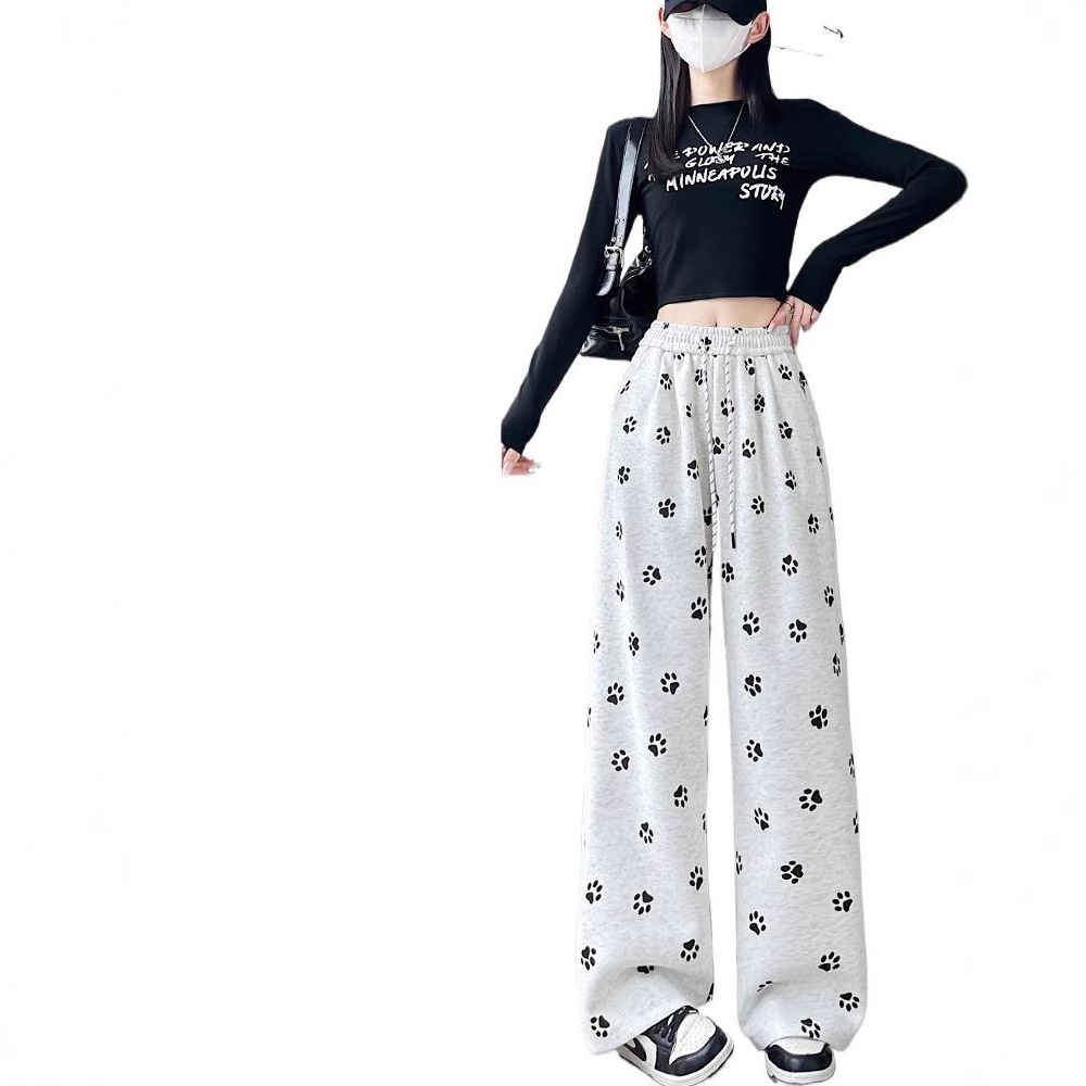 귀여운 개 발톱 인쇄 캐주얼 바지 여성 가을과 겨울 회색 기모 스트레이트 스포츠 바지 높은 허리 느슨한 넓은 다리 바지