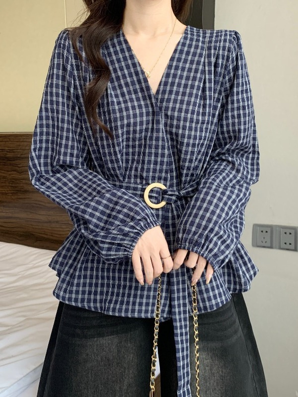 深蓝色格子长袖衬衫女秋装2025新款大码胖mm高级收腰绑带遮肚上衣|undefined