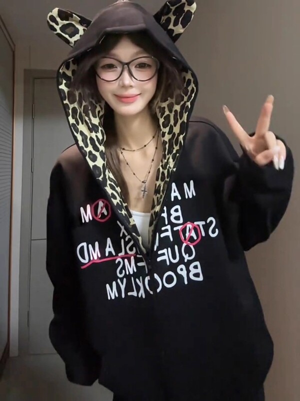 美式复古豹纹耳朵拼接连帽卫衣男女2025宽松设计感小众开衫外套秋|undefined