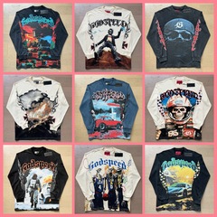 25ss春に新美潮ロック街頭復古水洗いして古いプリント綿の長袖tシャツを作ります。