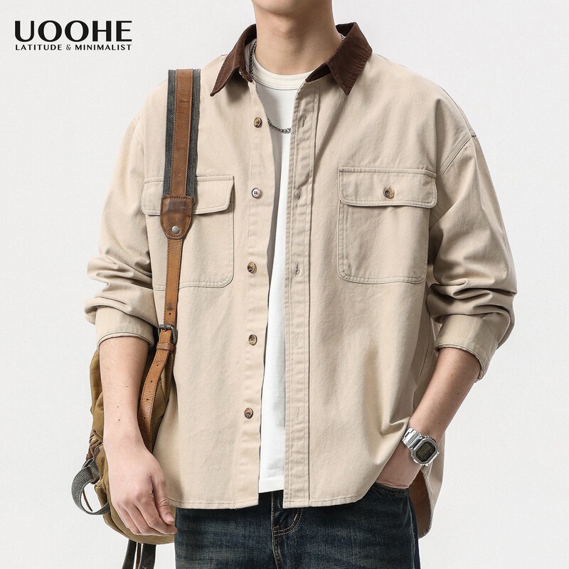 Uoohe Japanese Retro Workwear Shirt Jacket Men's Long-Sleeve Trendy Loose Casual Denim Shirt Jacket Autumn