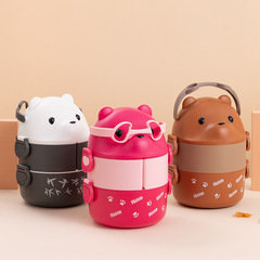 Separated layered lunch box for office workers, Japanese-style student lunch box, large capacity with spoon, glasses bear, double-layer portable lunch box